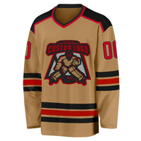 Custom Hockey Jersey, Old Gold Red Black Sportswear Jersey Shirt, Athletic Long Sleeve V Neck Jersey, Casual Gift for Men
