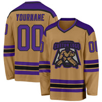 Custom Hockey Jersey, Old Gold Purple Black Sportswear Jersey Shirt, Athletic Long Sleeve V Neck Jersey, Casual Gift for Men, Style OldGold0036