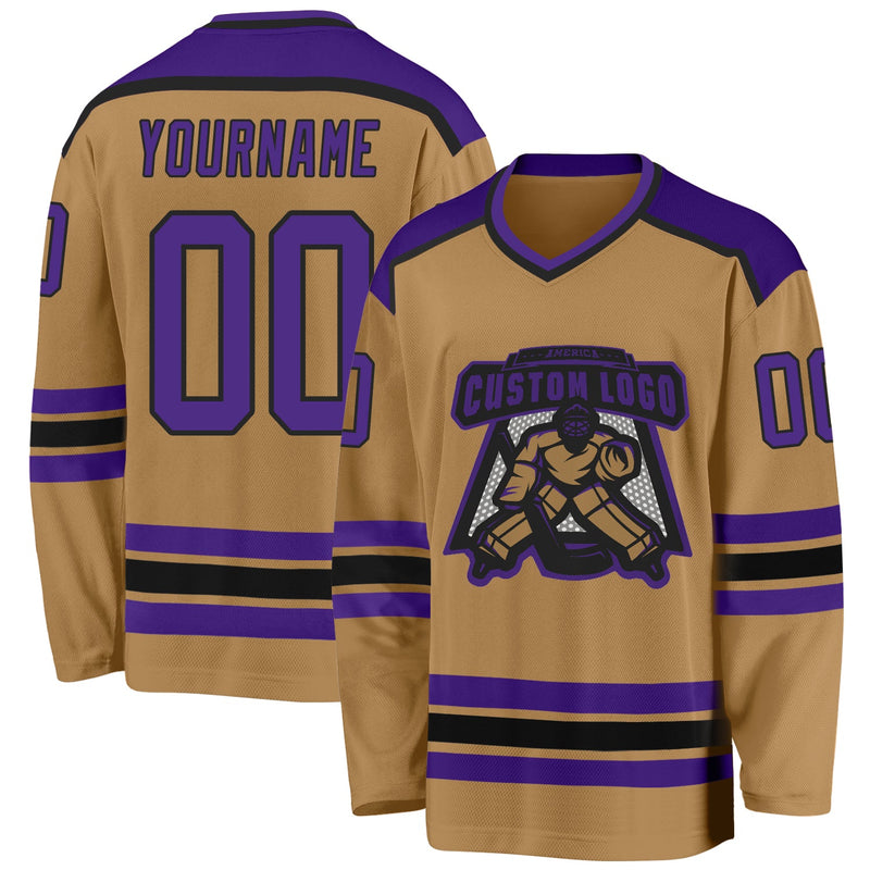 Custom Hockey Jersey, Old Gold Purple Black Sportswear Jersey Shirt, Athletic Long Sleeve V Neck Jersey, Casual Gift for Men, Style OldGold0036