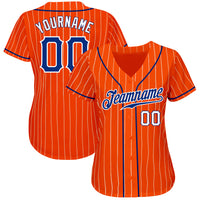 Custom Baseball Jersey, Orange White Royal Pinstripe Sportswear Jersey Shirt, Athletic Button Down Moisture Wicking Jersey, Casual Gift for Men