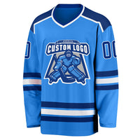 Custom Hockey Jersey, Blue Royal White Sportswear Jersey Shirt, Athletic Long Sleeve V Neck Jersey, Casual Gift for Men