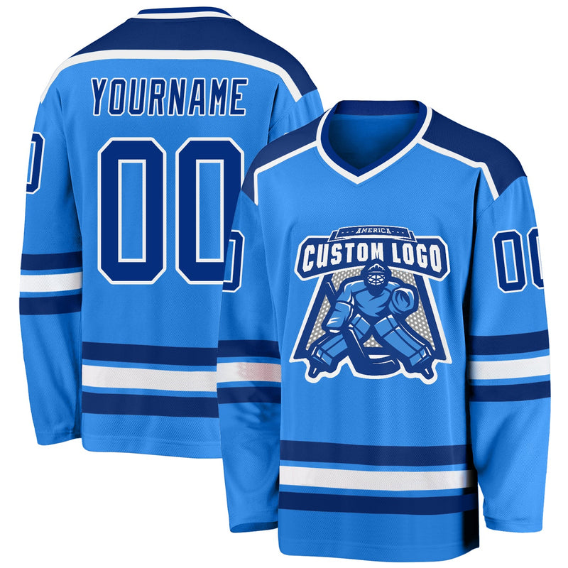 Custom Hockey Jersey, Blue Royal White Sportswear Jersey Shirt, Athletic Long Sleeve V Neck Jersey, Casual Gift for Men