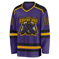 Custom Hockey Jersey, Purple Black Gold Sportswear Jersey Shirt, Athletic Long Sleeve V Neck Jersey, Casual Gift for Men, Style Purple0286
