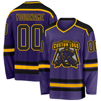 Custom Hockey Jersey, Purple Black Gold Sportswear Jersey Shirt, Athletic Long Sleeve V Neck Jersey, Casual Gift for Men, Style Purple0286