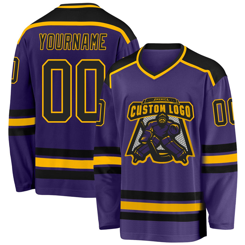Custom Hockey Jersey, Purple Black Gold Sportswear Jersey Shirt, Athletic Long Sleeve V Neck Jersey, Casual Gift for Men, Style Purple0286