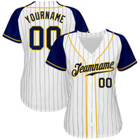 Custom Baseball Jersey, White Navy Gold Pinstripe Sportswear Jersey Shirt, Athletic Button Down Moisture Wicking Jersey, Casual Gift for Men