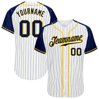 Custom Baseball Jersey, White Navy Gold Pinstripe Sportswear Jersey Shirt, Athletic Button Down Moisture Wicking Jersey, Casual Gift for Men