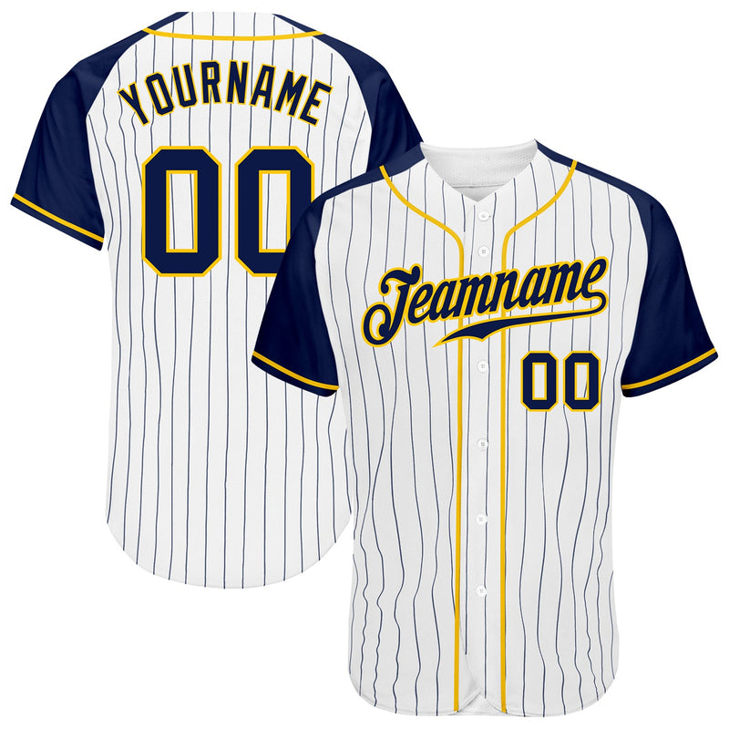 Custom Baseball Jersey, White Navy Gold Pinstripe Sportswear Jersey Shirt, Athletic Button Down Moisture Wicking Jersey, Casual Gift for Men
