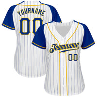 Custom Baseball Jersey, White Royal Gold Pinstripe Sportswear Jersey Shirt, Athletic Button Down Moisture Wicking Jersey, Casual Gift for Men