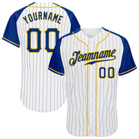 Custom Baseball Jersey, White Royal Gold Pinstripe Sportswear Jersey Shirt, Athletic Button Down Moisture Wicking Jersey, Casual Gift for Men