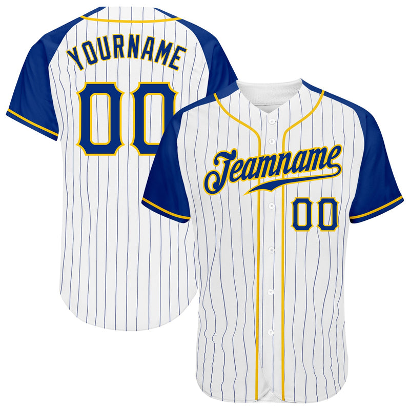 Custom Baseball Jersey, White Royal Gold Pinstripe Sportswear Jersey Shirt, Athletic Button Down Moisture Wicking Jersey, Casual Gift for Men