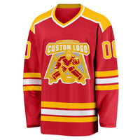 Custom Hockey Jersey, Red Gold White Sportswear Jersey Shirt, Athletic Long Sleeve V Neck Jersey, Casual Gift for Men