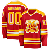 Custom Hockey Jersey, Red Gold White Sportswear Jersey Shirt, Athletic Long Sleeve V Neck Jersey, Casual Gift for Men