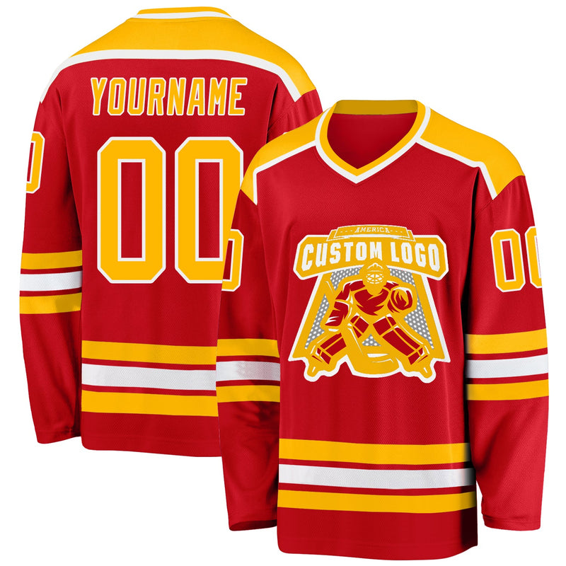 Custom Hockey Jersey, Red Gold White Sportswear Jersey Shirt, Athletic Long Sleeve V Neck Jersey, Casual Gift for Men