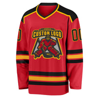 Custom Hockey Jersey, Red Black Gold Sportswear Jersey Shirt, Athletic Long Sleeve V Neck Jersey, Casual Gift for Men, Style Red0478