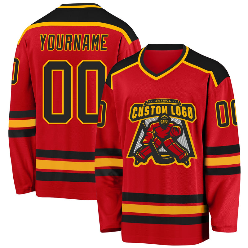 Custom Hockey Jersey, Red Black Gold Sportswear Jersey Shirt, Athletic Long Sleeve V Neck Jersey, Casual Gift for Men, Style Red0478