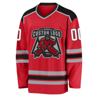 Custom Hockey Jersey, Red White Black Sportswear Jersey Shirt, Athletic Long Sleeve V Neck Jersey, Casual Gift for Men, Style Red0482