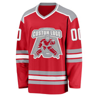 Custom Hockey Jersey, Red White Gray Sportswear Jersey Shirt, Athletic Long Sleeve V Neck Jersey, Casual Gift for Men