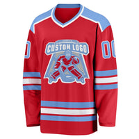 Custom Hockey Jersey, Red Light Blue White Sportswear Jersey Shirt, Athletic Long Sleeve V Neck Jersey, Casual Gift for Men