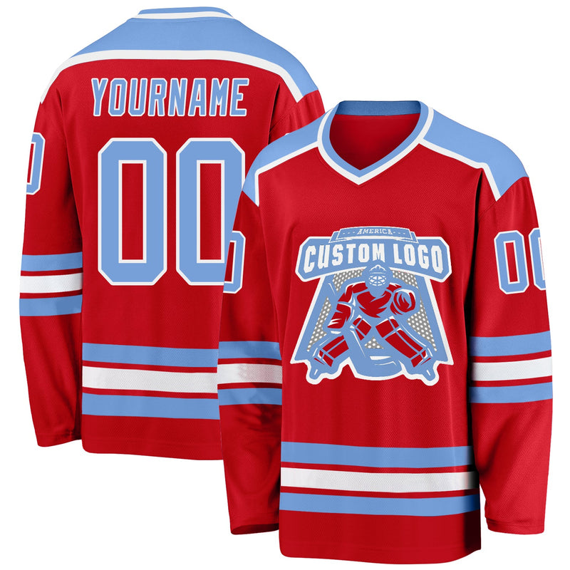 Custom Hockey Jersey, Red Light Blue White Sportswear Jersey Shirt, Athletic Long Sleeve V Neck Jersey, Casual Gift for Men