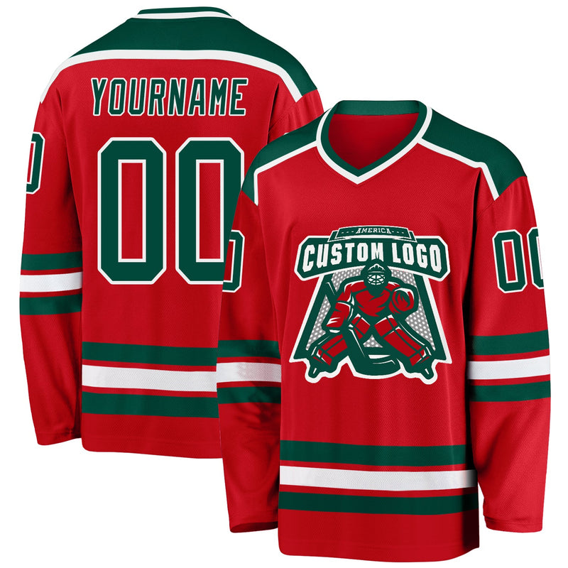 Custom Hockey Jersey, Red Green White Sportswear Jersey Shirt, Athletic Long Sleeve V Neck Jersey, Casual Gift for Men, Style Red0487