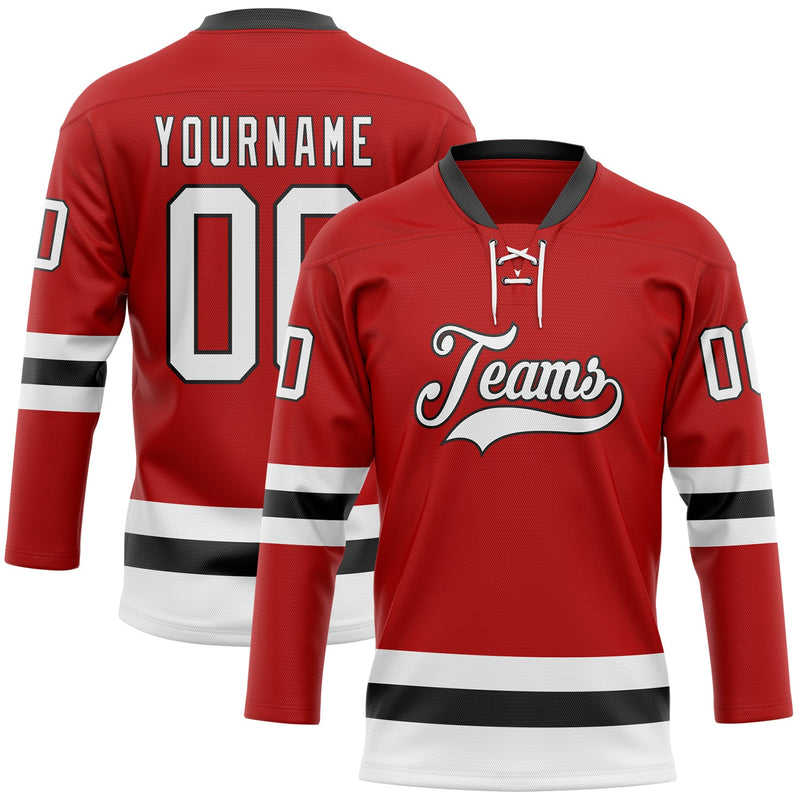 Custom Hockey Jersey, Red White Black Sportswear Jersey Shirt, Athletic Long Sleeve V Neck Jersey, Casual Gift for Men, Style Red0803