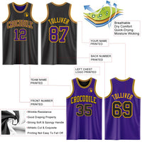 Custom Basketball Jersey, Black Purple Gold Sportswear Jersey Shirt, Athletic Mesh Moisture Wicking Jersey, Casual Gift for Men
