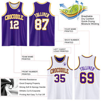 Custom Basketball Jersey, Purple White Gold Sportswear Jersey Shirt, Athletic Mesh Moisture Wicking Jersey, Casual Gift for Men