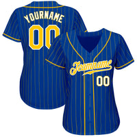 Custom Baseball Jersey, Royal Gold White Pinstripe Sportswear Jersey Shirt, Athletic Button Down Moisture Wicking Jersey, Casual Gift for Men