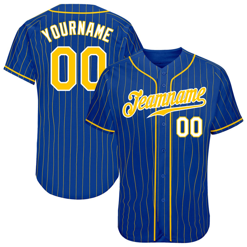 Custom Baseball Jersey, Royal Gold White Pinstripe Sportswear Jersey Shirt, Athletic Button Down Moisture Wicking Jersey, Casual Gift for Men