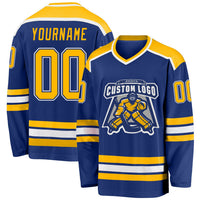 Custom Hockey Jersey, Royal Gold White Sportswear Jersey Shirt, Athletic Long Sleeve V Neck Jersey, Casual Gift for Men, Style Royal0390