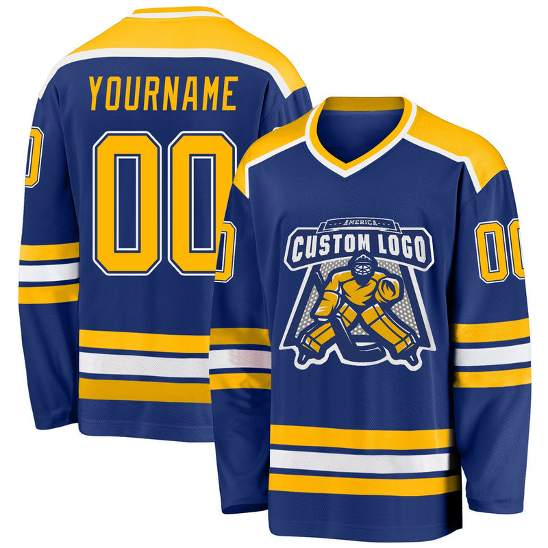 Custom Hockey Jersey, Royal Gold White Sportswear Jersey Shirt, Athletic Long Sleeve V Neck Jersey, Casual Gift for Men, Style Royal0390