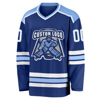 Custom Hockey Jersey, Royal White Light Blue Sportswear Jersey Shirt, Athletic Long Sleeve V Neck Jersey, Casual Gift for Men, Style Royal0391
