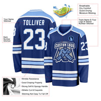 Custom Hockey Jersey, Royal White Light Blue Sportswear Jersey Shirt, Athletic Long Sleeve V Neck Jersey, Casual Gift for Men, Style Royal0391