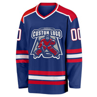 Custom Hockey Jersey, Royal Red White Sportswear Jersey Shirt, Athletic Long Sleeve V Neck Jersey, Casual Gift for Men, Style Royal0392
