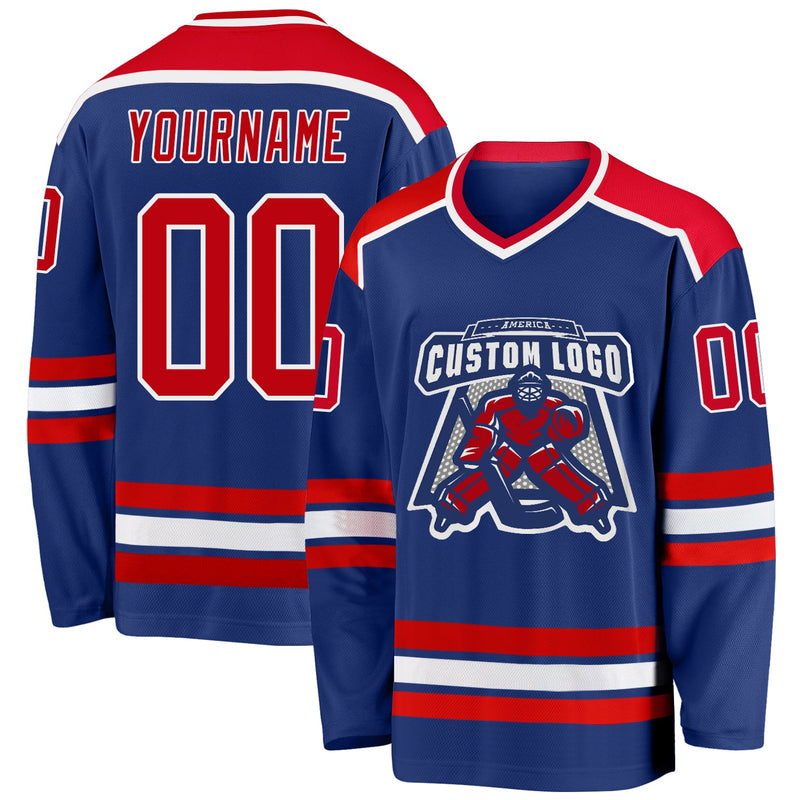 Custom Hockey Jersey, Royal Red White Sportswear Jersey Shirt, Athletic Long Sleeve V Neck Jersey, Casual Gift for Men, Style Royal0392