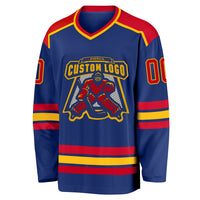 Custom Hockey Jersey, Royal Red Gold Sportswear Jersey Shirt, Athletic Long Sleeve V Neck Jersey, Casual Gift for Men