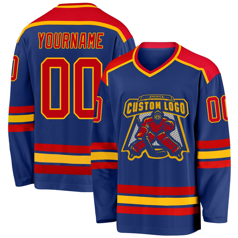 Custom Hockey Jersey, Royal Red Gold Sportswear Jersey Shirt, Athletic Long Sleeve V Neck Jersey, Casual Gift for Men