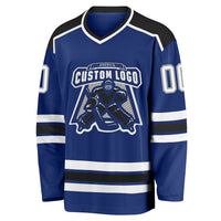 Custom Hockey Jersey, Royal White Black Sportswear Jersey Shirt, Athletic Long Sleeve V Neck Jersey, Casual Gift for Men, Style Royal0397