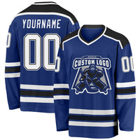 Custom Hockey Jersey, Royal White Black Sportswear Jersey Shirt, Athletic Long Sleeve V Neck Jersey, Casual Gift for Men, Style Royal0397
