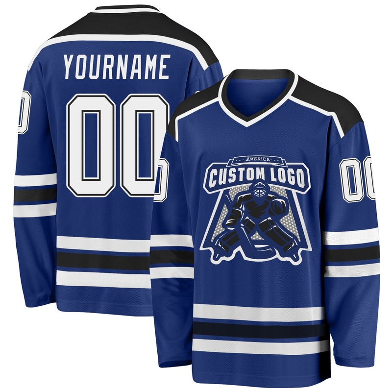 Custom Hockey Jersey, Royal White Black Sportswear Jersey Shirt, Athletic Long Sleeve V Neck Jersey, Casual Gift for Men, Style Royal0397
