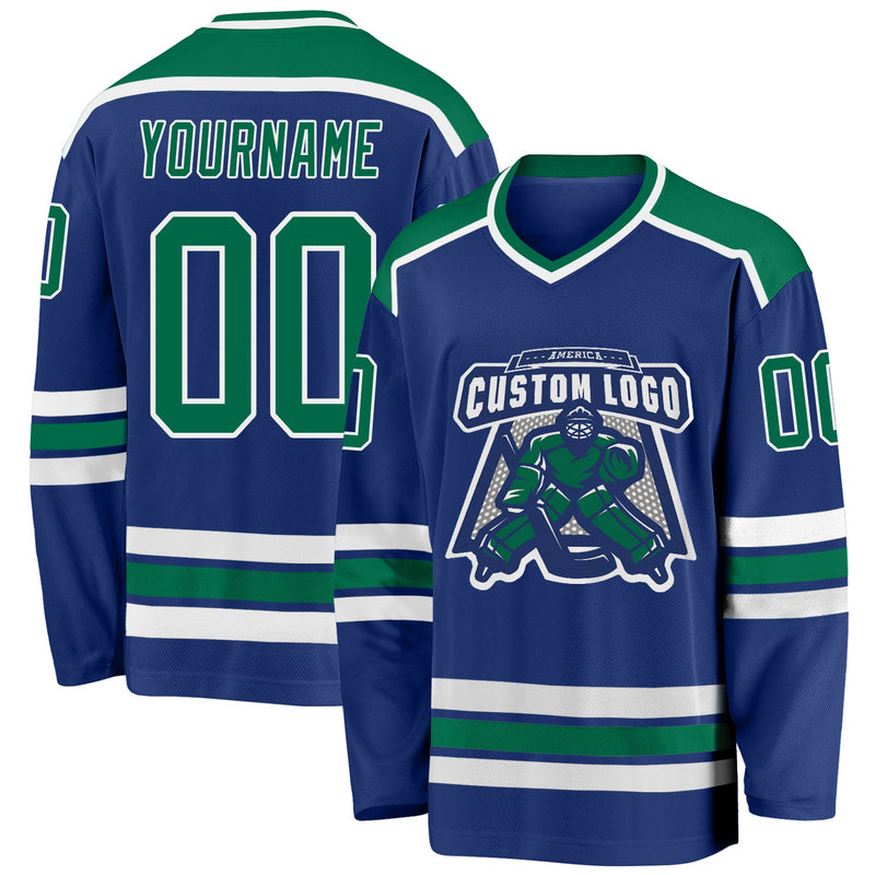 Custom Hockey Jersey, Royal Kelly Green Sportswear Jersey Shirt, Athletic Long Sleeve V Neck Jersey, Casual Gift for Men