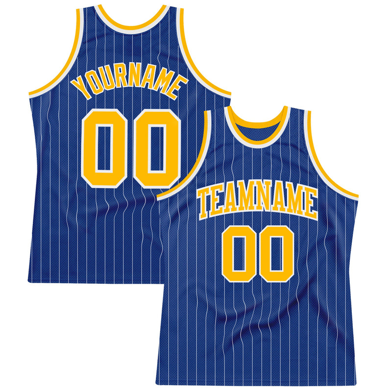 Custom Basketball Jersey, Royal White Gold Pinstripe Sportswear Jersey Shirt, Athletic Mesh Moisture Wicking Jersey, Casual Gift for Men