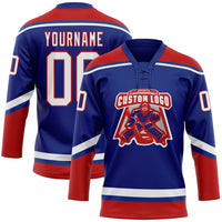 Custom Hockey Jersey, Royal White Red Sportswear Jersey Shirt, Athletic Long Sleeve V Neck Jersey, Casual Gift for Men, Style Royal0569