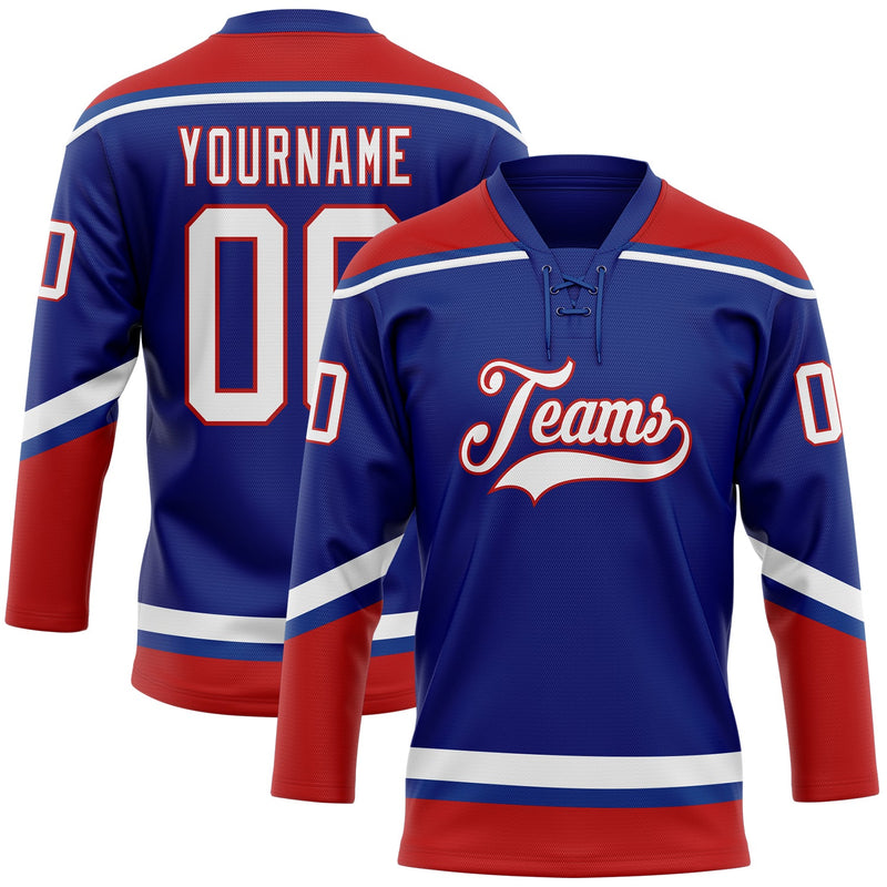 Custom Hockey Jersey, Royal White Red Sportswear Jersey Shirt, Athletic Long Sleeve V Neck Jersey, Casual Gift for Men, Style Royal0569