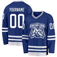 Custom Hockey Jersey, Royal White Sportswear Jersey Shirt, Athletic Long Sleeve V Neck Jersey, Casual Gift for Men, Style Royal0793