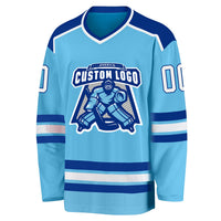 Custom Hockey Jersey, Sky Blue White Royal Sportswear Jersey Shirt, Athletic Long Sleeve V Neck Jersey, Casual Gift for Men