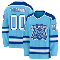 Custom Hockey Jersey, Sky Blue White Royal Sportswear Jersey Shirt, Athletic Long Sleeve V Neck Jersey, Casual Gift for Men