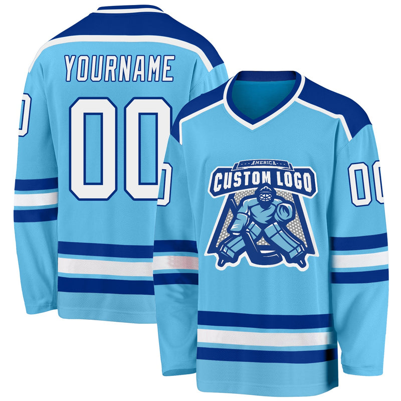 Custom Hockey Jersey, Sky Blue White Royal Sportswear Jersey Shirt, Athletic Long Sleeve V Neck Jersey, Casual Gift for Men