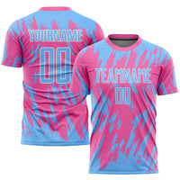 Custom Soccer Jersey, Pink Light Blue White Sportswear Jersey Shirt, Athletic Mesh Moisture Wicking Jersey, Casual Gift for Men